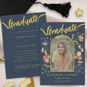 Moderne Architektur Foto Boho Floral Blau Abschlus Einladung