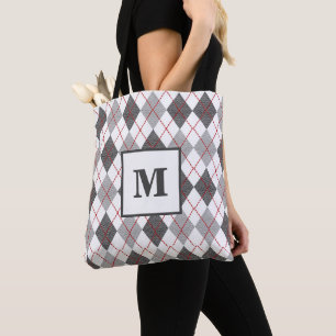 Moderne Argyle Karo Rot Grau Silber Monogramm