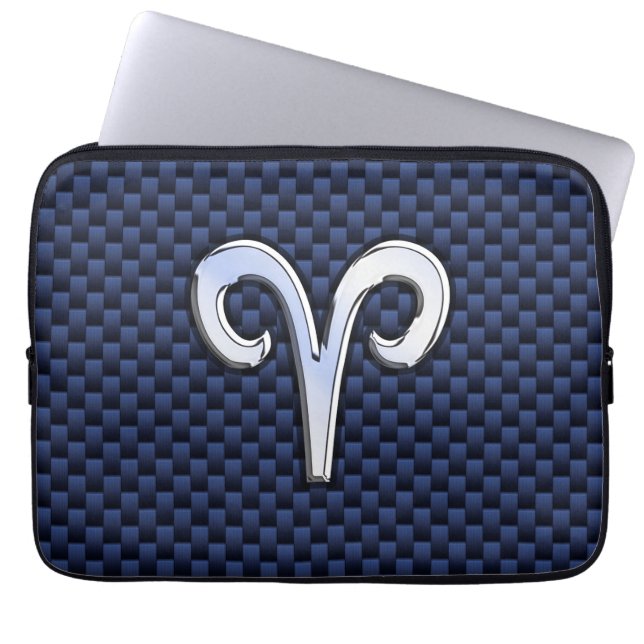 Moderne Aries Zodiac Sign Blue Carbon Fibre Dekor Laptopschutzhülle (Vorderseite)