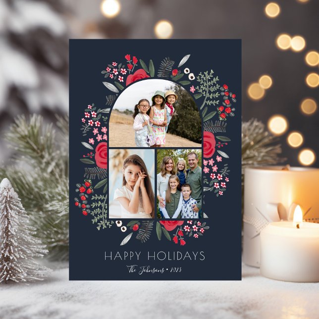 Moderne Arkaflippe Blumenfamilien Weihnachten 3 Fo (Modern Arch Frame Floral Family Christmas 3 Photo Holiday Card)
