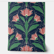Moderne Art Deco Boho rote Blumen auf Navy Blau