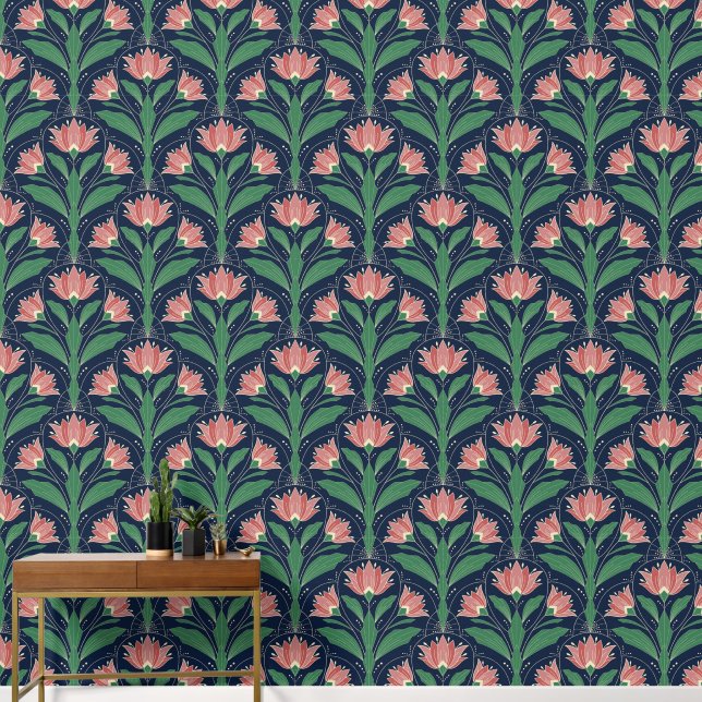 Moderne Art Deco Boho rote Blumen auf Navy Blau Tapete (Korridor)