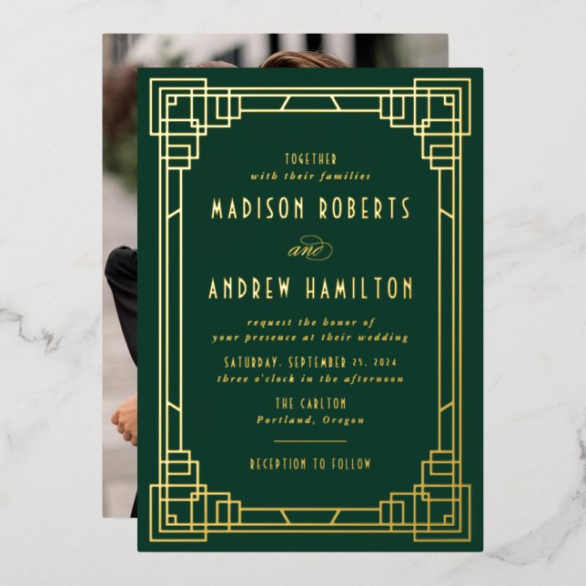 Moderne Art Deco Hochzeit Grün und Gold Folieneinladung (Vorderseite/Rückseite)