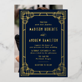 Moderne Art Deco Hochzeit Navy und Gold Folieneinladung