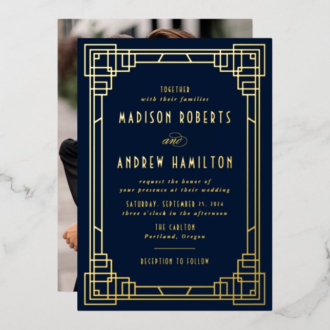 Moderne Art Deco Hochzeit Navy und Gold Folieneinladung (Vorderseite/Rückseite)