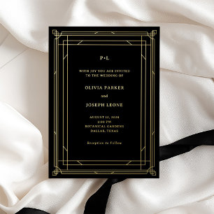 Moderne Art Deco Hochzeit Schwarz und Gold Folieneinladung