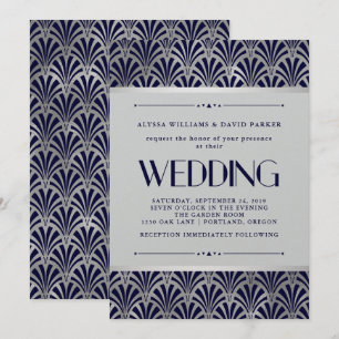 Moderne Art Deco Navy- und Faux-Silber-Hochzeit Einladung