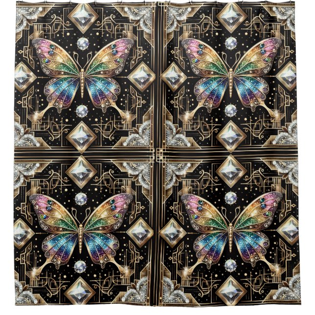 Moderne Art Deco Regenbogen Schmetterling Duschvorhang (Vorderseite)