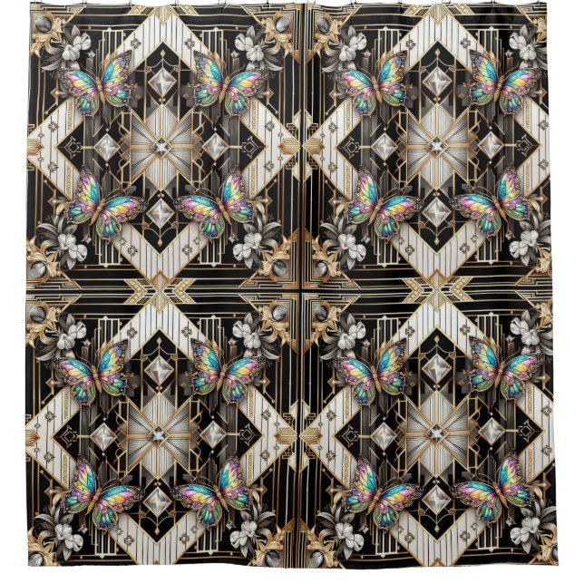Moderne Art Deco Regenbogen Schmetterling Duschvorhang (Vorderseite)