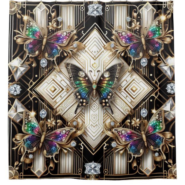 Moderne Art Deco Regenbogen Schmetterling Duschvorhang (Vorderseite)