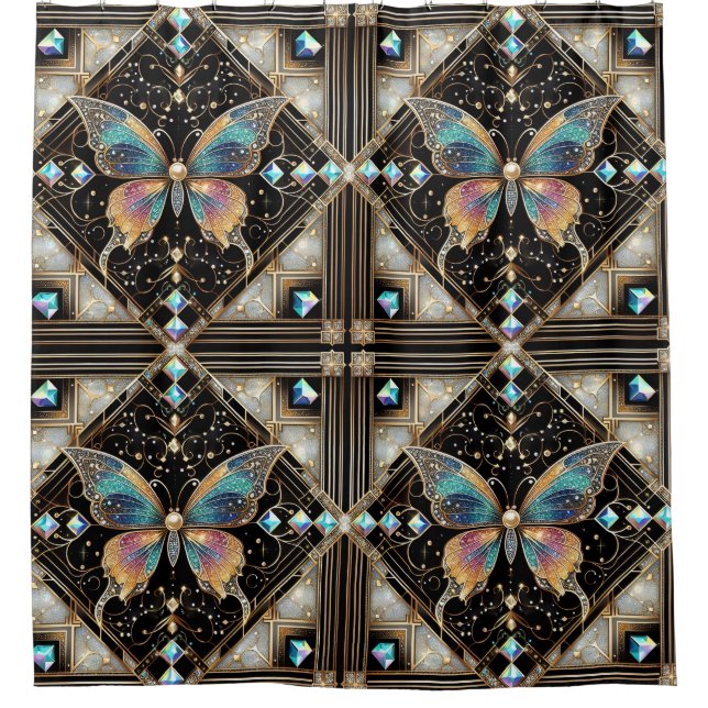 Moderne Art Deco Regenbogen Schmetterling Duschvorhang (Vorderseite)