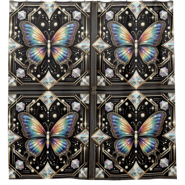 Moderne Art Deco Regenbogen Schmetterling Duschvorhang (Vorderseite)