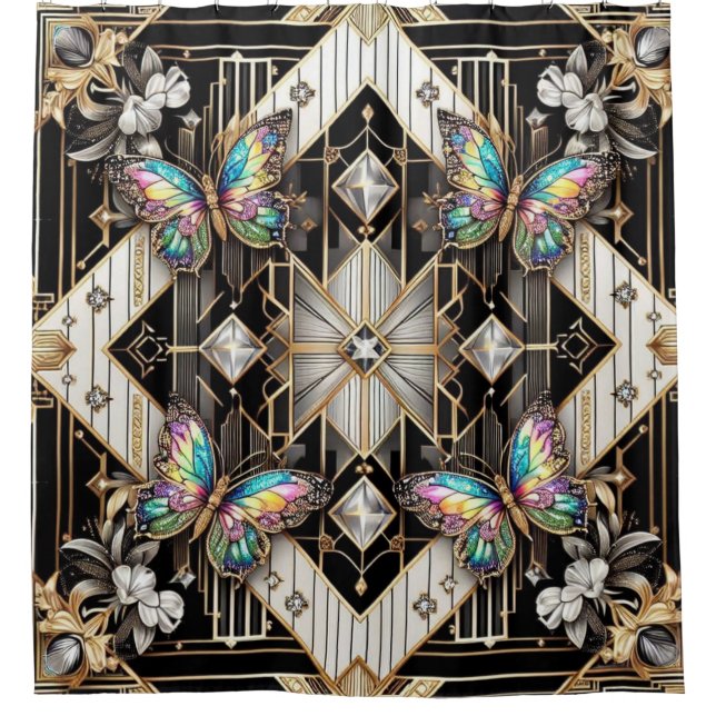 Moderne Art Deco Regenbogen Schmetterling Duschvorhang (Vorderseite)