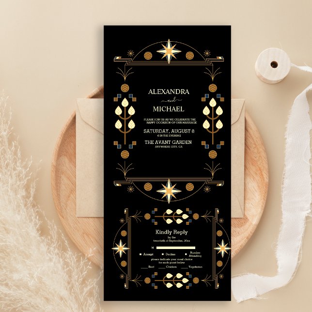 Moderne Art Deco Schwarz und Gold Hochzeit All In One Einladung (Von Creator hochgeladen)