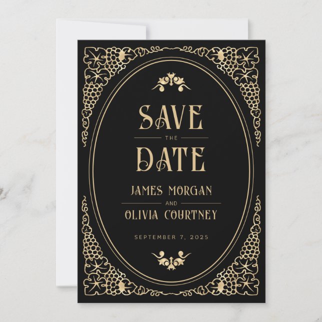 Moderne Art Deco Schwarz und Gold Hochzeit Save The Date (Vorderseite)