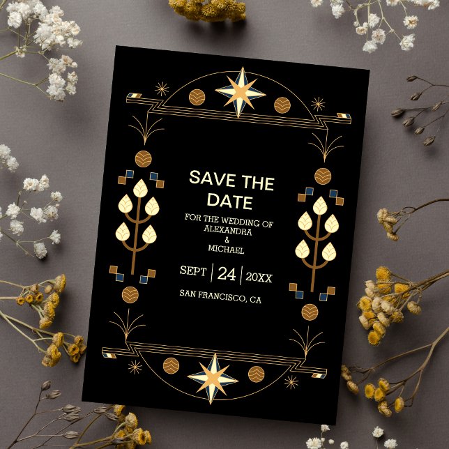 Moderne Art Deco Schwarz und Gold Hochzeit Save The Date (Von Creator hochgeladen)