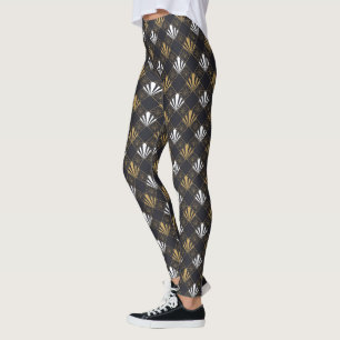 Moderne Art Deco Schwarz, Weiß und Gold Fan Leggin Leggings