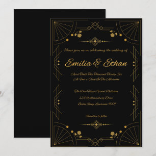Moderne Art Deco schwarze und goldene Hochzeitsein Einladung
