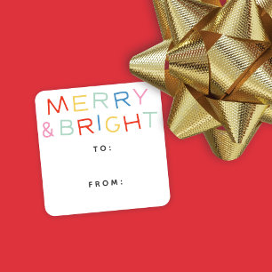 Moderne Art Holiday Merry & Bright Gift Tags Quadratischer Aufkleber