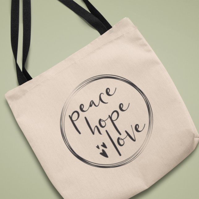 Moderne Art PEACE HOPE LIEBE Weihnachtsfeiertag Tragetasche (Trendy, minimalist peace, hope, love typography black white tote bag.)