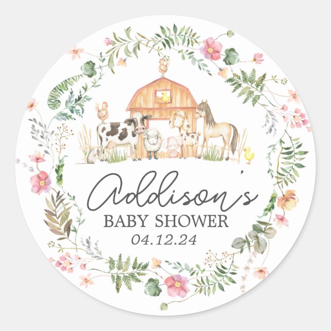 Moderne auf der Farm Baby Shower Invitation Classi Runder Aufkleber (Vorderseite)