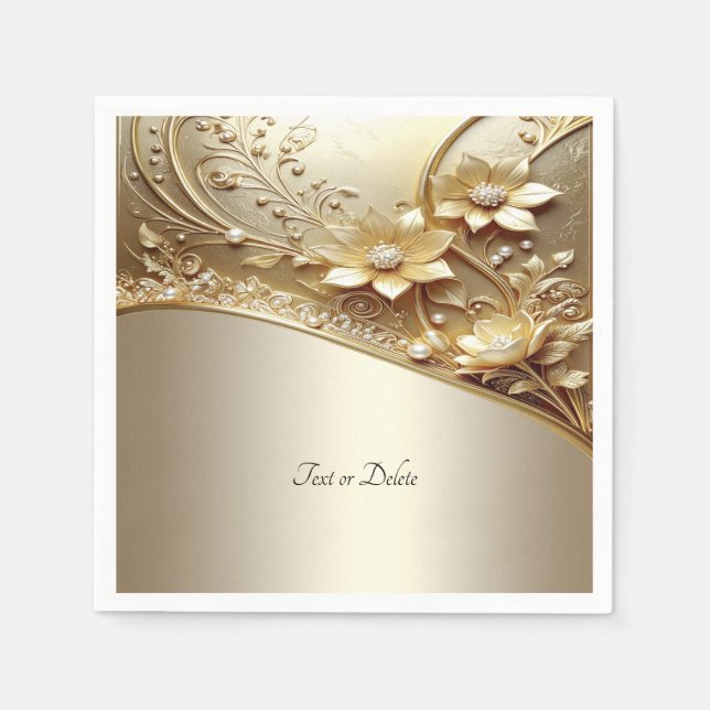 Moderne, aufwendige goldene Blumenmuster mit Perle Serviette (Vorderseite)