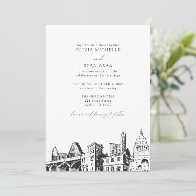 Moderne Austin Skyline Black & White Wedding Einladung (Stehend Vorderseite)