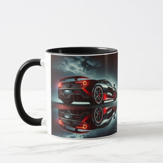 Moderne Autodarstellung auf der Black Coffee Tasse (Links)
