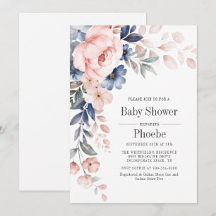 Moderne Baby-Baby-Party mit rosa-blauer Blumen-Dek Einladung
