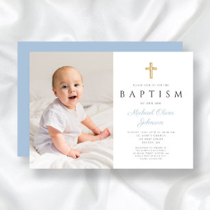 Moderne Baby Blue Script Cross Boy Foto Taufe Einladung