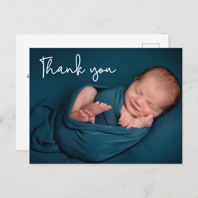 Moderne Baby Boy Foto Babydusche Danke Postkarte (Vorne/Hinten)