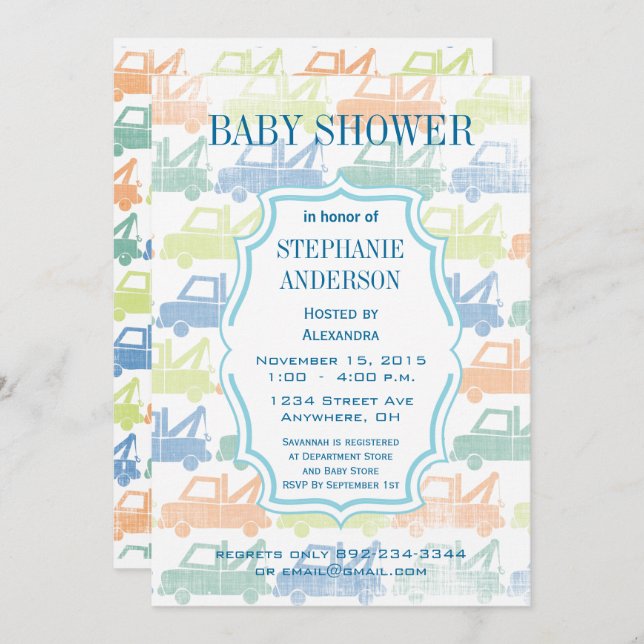Moderne Baby Boy Tow Truck Dusche Einladung (Vorne/Hinten)