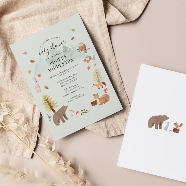 Moderne Baby Dusche Woodland Tiere Einladung (Woodland Animals Cute Rustic Baby Shower Invitation)