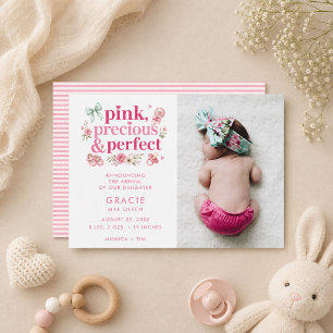 Moderne Baby Girl Pink Edel Perfekte Foto-Geburtsa Ankündigung