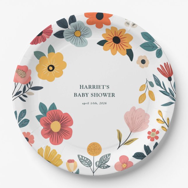 Moderne Baby-Party im Blumenstil Pappteller (Vorderseite)