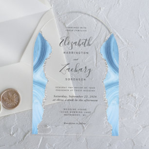 Moderne Babyblau-Silber-Achat-Hochzeitsbogen Acryleinladungen