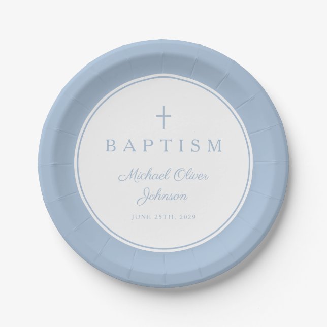 Moderne Babyblaue Religiöse Kreuz-Taufe Pappteller (Vorderseite)