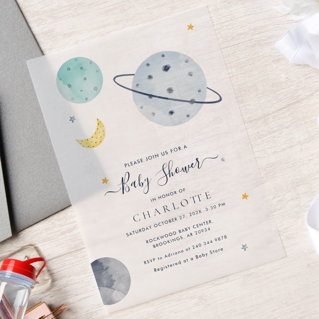Moderne Babydusche im Außenbereich (Outer Space Script Baby Shower Vellum Invitation)