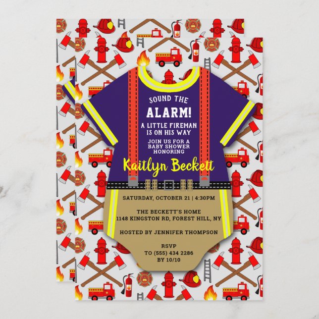 Moderne Babydusche "Little Fireman" Einladung (Vorne/Hinten)