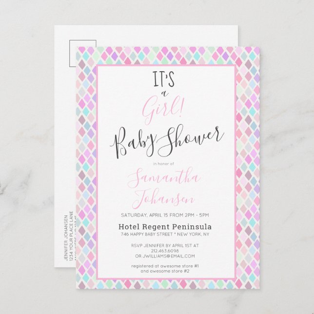 Moderne Babydusche mit geometrischen Mustern Einladungspostkarte (Vorne/Hinten)