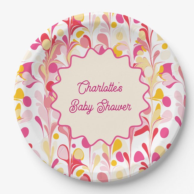 Moderne Babydusche Retro Abstrakt rosa Wavy Pappteller (Retro marble pink yellow groovy wave abstract baby shower personalized paper party plates)