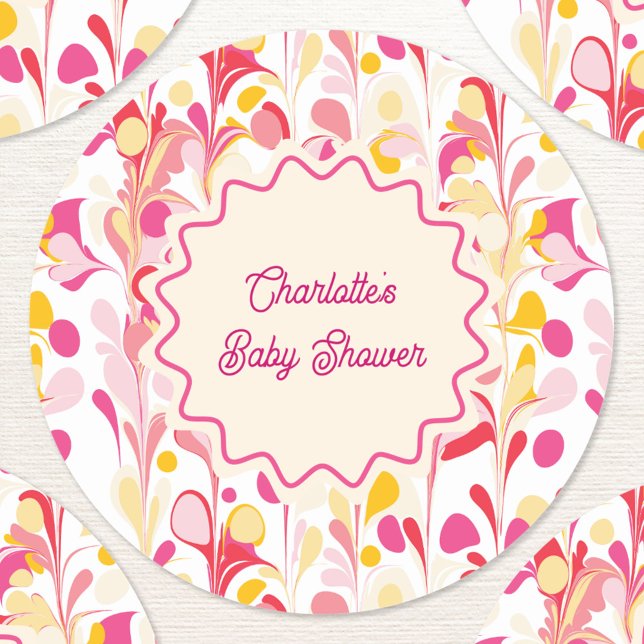 Moderne Babydusche Retro Abstrakt rosa Wavy Runder Aufkleber (Modern retro groovy abstract pattern personalized baby shower sticker)