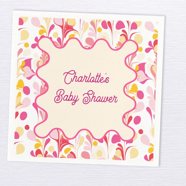 Moderne Babydusche Retro Abstrakt rosa Wavy Serviette (Modern retro groovy abstract pattern personalized baby shower party paper napkin)