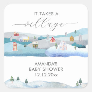 Moderne Babyparty Schnee Es braucht ein Dorf  Quadratischer Aufkleber