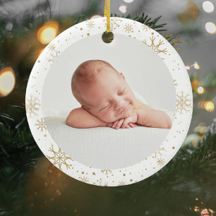 Moderne Babys Erste Weihnachtszeit Foto Gold Schne Keramik Ornament