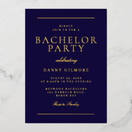 Moderne Bachelor Party Navy & Gold Folieneinladung