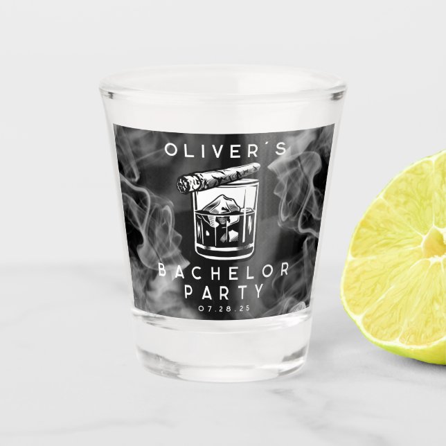Moderne Bachelor Party Zigarren und Whiskey Black Schnapsglas (Vorderseite)