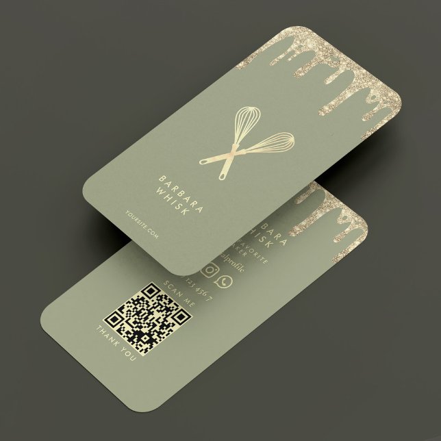 Moderne Bäckerei Patisserie Sage Gold Whisky Tropf Visitenkarte (Modern Bakery Patisserie Sage Gold Whisk Drip Business Card
)
