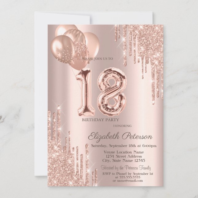 Moderne Balloons Glitzer Tropfen Rose Gold Sweet 1 Einladung (Vorderseite)