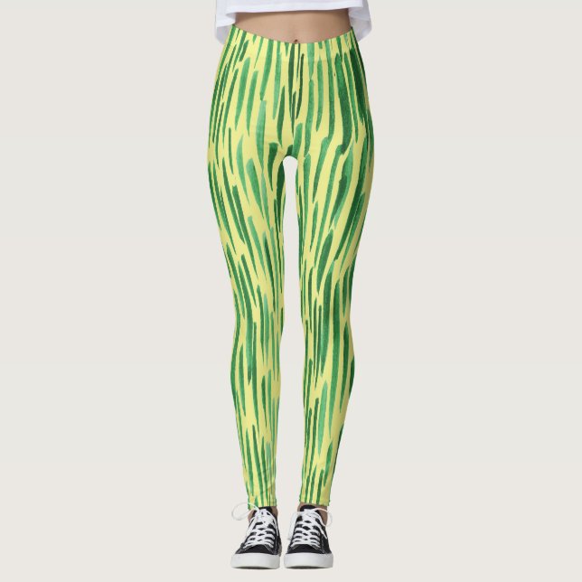 Moderne Bambus Muster Dschungel Vibe Grüne Streife Leggings (Vorderseite)
